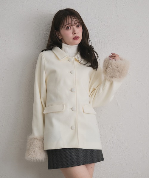 fur sleeve Mid stand collar coat / 袖ファーミドル丈ステンカラー