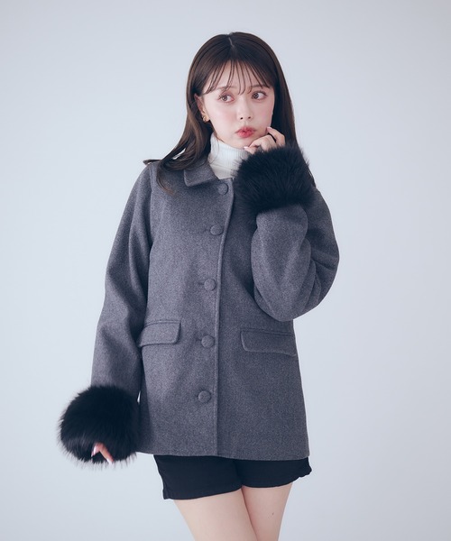 fur sleeve Mid stand collar coat / 袖ファーミドル丈ステンカラー