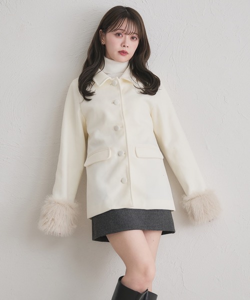 美品 ミースロエ ミドル丈ステンカラーコート 上質ウール 完売品 ホワイト セール】fur sleeve Mid stand collar coat / 袖ファーミドル丈ステン