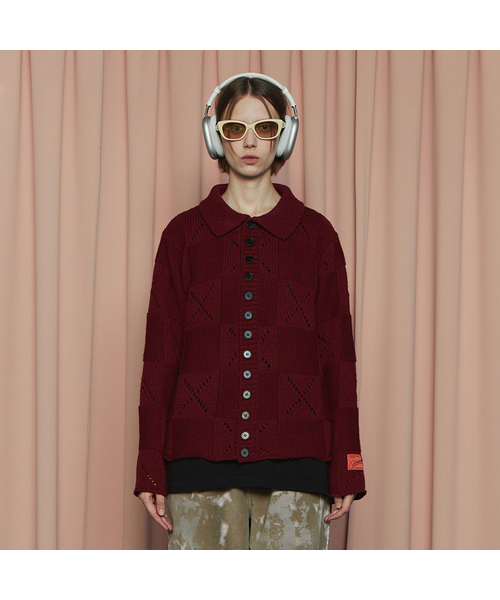 ボタンアーガイルニットジャケット / ワイン