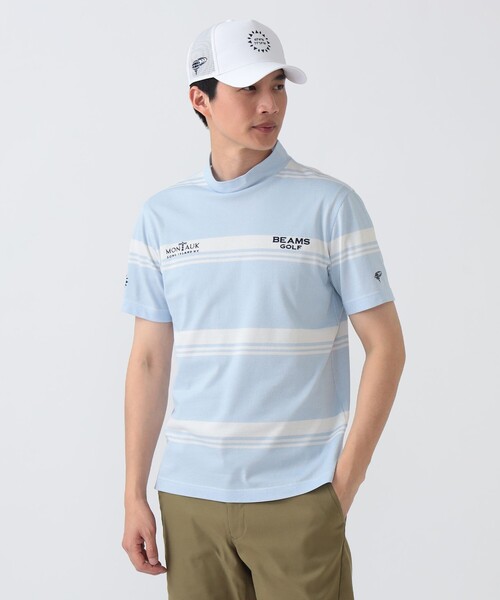 BEAMS GOLF（ビームスゴルフ）の「PURPLE LABEL / MONTAUK ボーダー モックネックシャツ（接触冷感・吸水速乾・UVカット）（スウェット・メンズ・ネイビー/ミント/サックスブルー・LARGE/X-LARGE/MEDIUM/SMALL）」の3枚目の写真