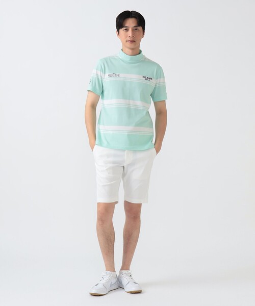 BEAMS GOLF（ビームスゴルフ）の「PURPLE LABEL / MONTAUK ボーダー モックネックシャツ（接触冷感・吸水速乾・UVカット）（スウェット・メンズ・ネイビー/ミント/サックスブルー・LARGE/X-LARGE/MEDIUM/SMALL）」の4枚目の写真