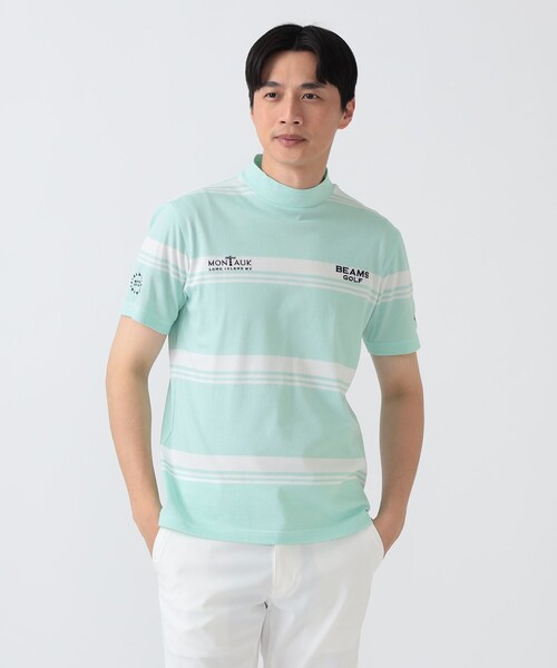 BEAMS GOLF（ビームスゴルフ）の「PURPLE LABEL / MONTAUK ボーダー モックネックシャツ（接触冷感・吸水速乾・UVカット）（スウェット・メンズ・ネイビー/ミント/サックスブルー・LARGE/X-LARGE/MEDIUM/SMALL）」の7枚目の写真