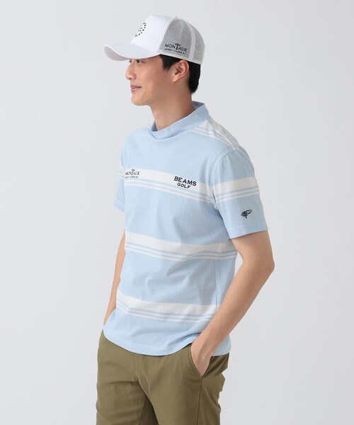 BEAMS GOLF（ビームスゴルフ）の「PURPLE LABEL / MONTAUK ボーダー モックネックシャツ（接触冷感・吸水速乾・UVカット）（スウェット・メンズ・ネイビー/ミント/サックスブルー・LARGE/X-LARGE/MEDIUM/SMALL）」の9枚目の写真