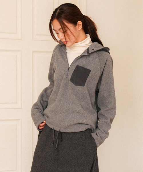 ハーフジップフリースフードパーカー - グレー
