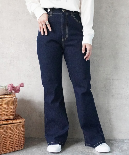 SELECT LEVERY(セレクトリベリー)の「リサイクルデニムフレアパンツ(デニムパンツ・レディース・ネイビー/ブルー/ブラック・SMALL/MEDIUM/LARGE/X-LARGE)」の1枚目の写真