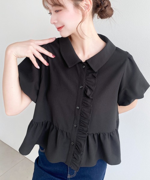 ジプソフィア 21SS バルーンブラウス シャツ 半袖 リボン Free 黒 2WAY 】フロントリボンクロスネック半袖シフォンブラウス ／ front