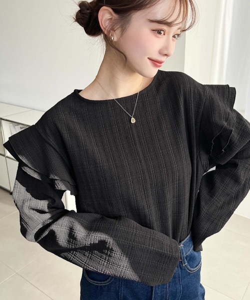 moment+(モーメントプラス)の「ブロックジャガード袖フリルロングTシャツ(Tシャツ/カットソー・レディース・ブラック/ネイビー/オフホワイト/ナチュラル・M)」の2枚目の写真