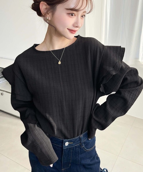 moment+(モーメントプラス)の「ブロックジャガード袖フリルロングTシャツ(Tシャツ/カットソー・レディース・ブラック/ネイビー/オフホワイト/ナチュラル・M)」の17枚目の写真