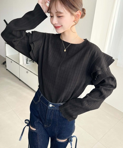 moment+(モーメントプラス)の「ブロックジャガード袖フリルロングTシャツ(Tシャツ/カットソー・レディース・ブラック/ネイビー/オフホワイト/ナチュラル・M)」の18枚目の写真