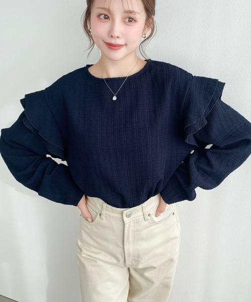 moment+(モーメントプラス)の「ブロックジャガード袖フリルロングTシャツ(Tシャツ/カットソー・レディース・ブラック/ネイビー/オフホワイト/ナチュラル・M)」の5枚目の写真