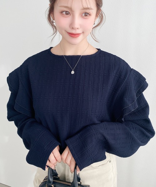moment+(モーメントプラス)の「ブロックジャガード袖フリルロングTシャツ(Tシャツ/カットソー・レディース・ブラック/ネイビー/オフホワイト/ナチュラル・M)」の9枚目の写真