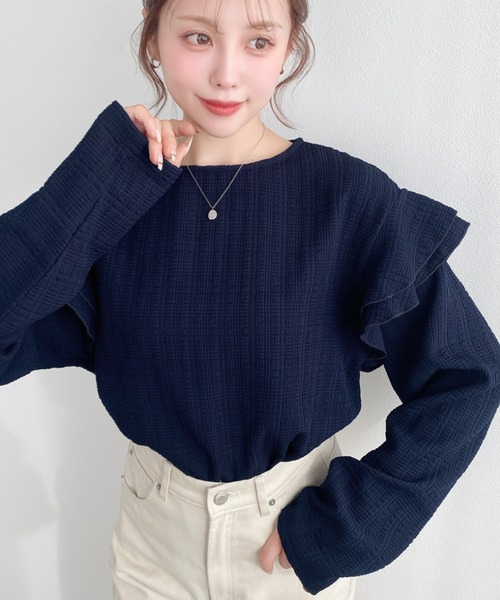 moment+(モーメントプラス)の「ブロックジャガード袖フリルロングTシャツ(Tシャツ/カットソー・レディース・ブラック/ネイビー/オフホワイト/ナチュラル・M)」の8枚目の写真