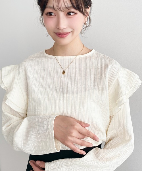moment+(モーメントプラス)の「ブロックジャガード袖フリルロングTシャツ(Tシャツ/カットソー・レディース・ブラック/ネイビー/オフホワイト/ナチュラル・M)」の13枚目の写真