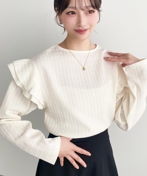 moment+(モーメントプラス)の「ブロックジャガード袖フリルロングTシャツ(Tシャツ/カットソー・レディース・ブラック/ネイビー/オフホワイト/ナチュラル・M)」の14枚目の写真
