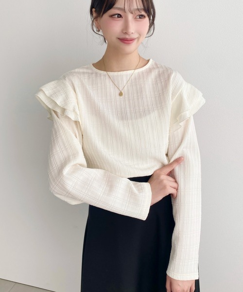 moment+(モーメントプラス)の「ブロックジャガード袖フリルロングTシャツ(Tシャツ/カットソー・レディース・ブラック/ネイビー/オフホワイト/ナチュラル・M)」の10枚目の写真