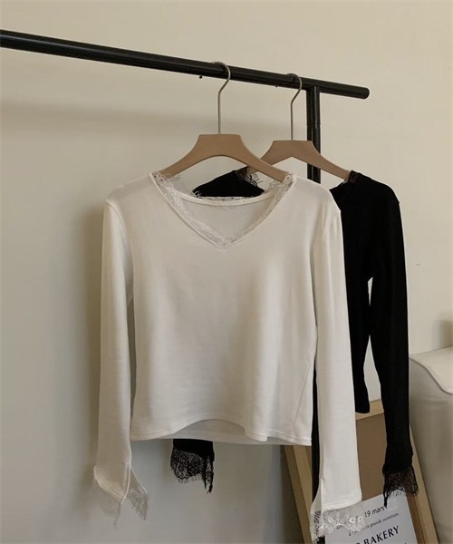 Dream garden(ドリームガーデン)の「レース切り替え 袖スリットカットソーTシャツ(Tシャツ/カットソー・レディース・ブラック/オフホワイト・S/M/L/XL)」の10枚目の写真