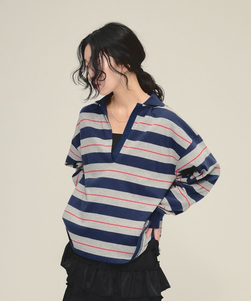 eL(エル)の「【eL】Border Polo LS/645140(Tシャツ/カットソー・レディース・ベージュ系その他/ネイビー系・FREE)」の1枚目の写真