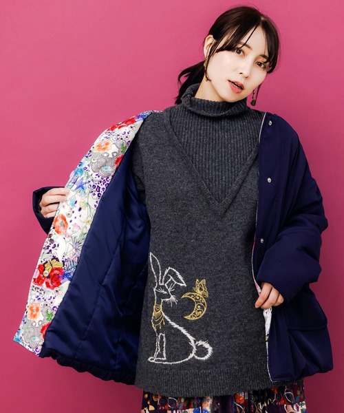 ScoLar（スカラー）の「153751：花ボタン中綿アウター（ブルゾン・レディース・ネイビー・M）」の8枚目の写真