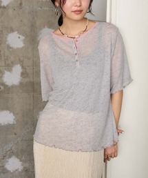 【forksy.】<エブリデイシリーズ>シアーワッフル 配色 へンリーネック 半袖 Tシャツ / マシンウォッシャブル