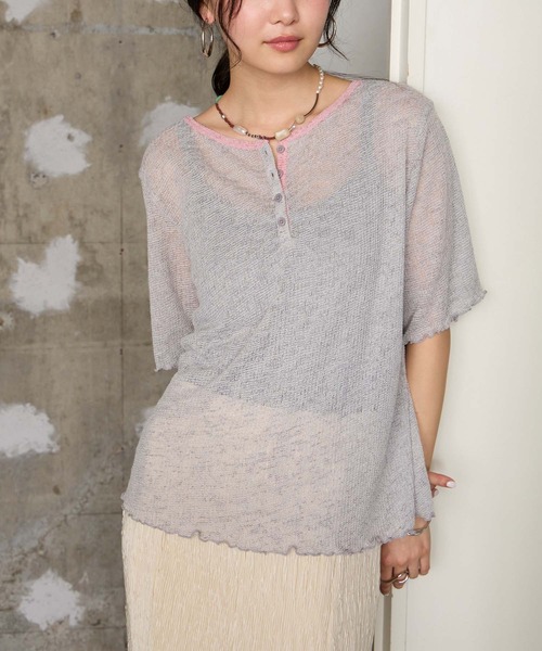 forksy.(フォルクシー)の「【forksy.】<エブリデイシリーズ>シアーワッフル 配色 へンリーネック 半袖 Tシャツ / マシンウォッシャブル(Tシャツ/カットソー・レディース・ライトブルー/ブラウン系/ブラック系/アイボリー系/グレー系/ライム/ピンク/ライトグレー系・FREE)」の2枚目の写真