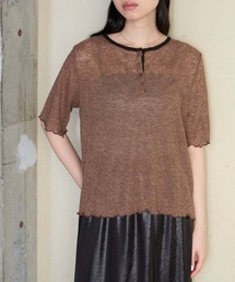 【forksy.】<エブリデイシリーズ>シアーワッフル 配色 へンリーネック 半袖 Tシャツ / マシンウォッシャブル
