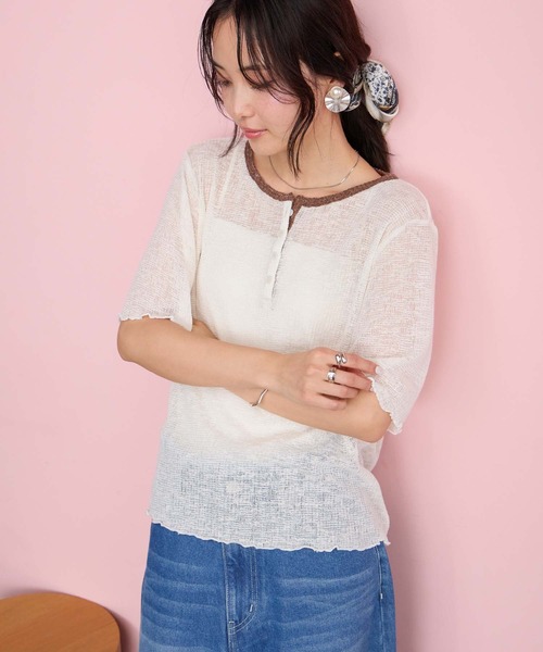 forksy.(フォルクシー)の「【forksy.】<エブリデイシリーズ>シアーワッフル 配色 へンリーネック 半袖 Tシャツ / マシンウォッシャブル(Tシャツ/カットソー・レディース・ライトブルー/ブラウン系/ブラック系/アイボリー系/グレー系/ライム/ピンク/ライトグレー系・FREE)」の5枚目の写真