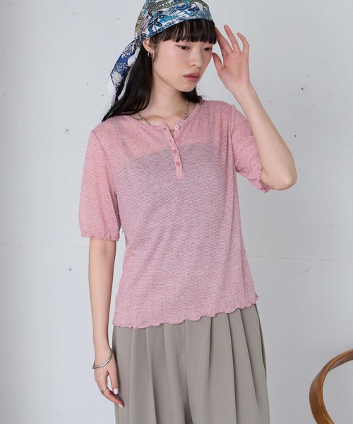 forksy.(フォルクシー)の「【forksy.】<エブリデイシリーズ>シアーワッフル 配色 へンリーネック 半袖 Tシャツ / マシンウォッシャブル(Tシャツ/カットソー・レディース・ライトブルー/ブラウン系/ブラック系/アイボリー系/グレー系/ライム/ピンク/ライトグレー系・FREE)」の8枚目の写真