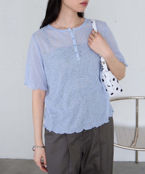 forksy.(フォルクシー)の「【forksy.】<エブリデイシリーズ>シアーワッフル 配色 へンリーネック 半袖 Tシャツ / マシンウォッシャブル(Tシャツ/カットソー・レディース・ライトブルー/ブラウン系/ブラック系/アイボリー系/グレー系/ライム/ピンク/ライトグレー系・FREE)」の7枚目の写真