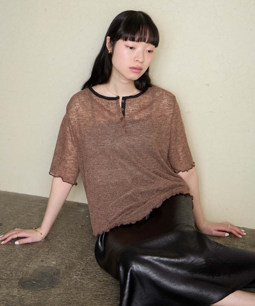 forksy.】＜エブリデイシリーズ＞シアーワッフル 配色 へンリーネック