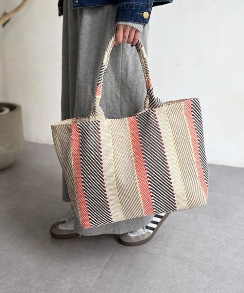 Chez toi(シェトワ)の「MIX/ストライプ柄トート(トートバッグ・レディース・オレンジ/ブラック/ブラウン・FREE)」の3枚目の写真