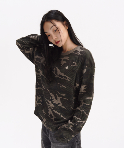 SLOW RECORD HOUSE(スローレコードハウス)の「フィンガーホールクロップロングスリーブ_カモ(カーキ)(Tシャツ/カットソー・レディース・その他・MEDIUM/LARGE)」の1枚目の写真