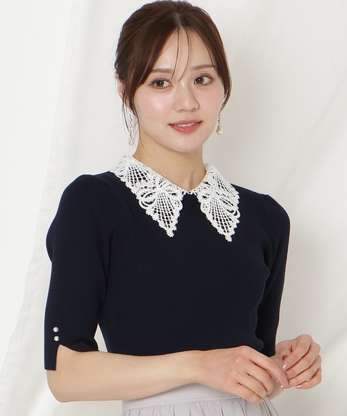 WILLSELECTION(ウィルセレクション)の「リボンレースカラーリブニット(ニット/セーター・レディース・ブラック/ネイビー/オフホワイト/ピンク/サックスブルー/ミント・FREE)」の4枚目の写真