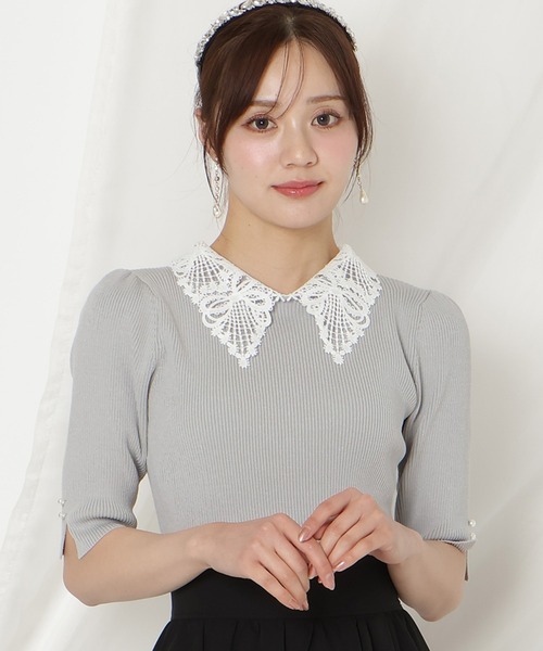 WILLSELECTION(ウィルセレクション)の「リボンレースカラーリブニット(ニット/セーター・レディース・ブラック/ネイビー/オフホワイト/ピンク/サックスブルー/ミント・FREE)」の5枚目の写真
