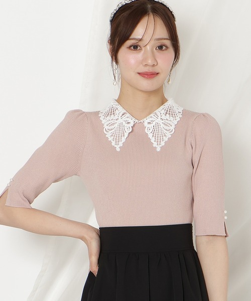 WILLSELECTION(ウィルセレクション)の「リボンレースカラーリブニット(ニット/セーター・レディース・ブラック/ネイビー/オフホワイト/ピンク/サックスブルー/ミント・FREE)」の6枚目の写真