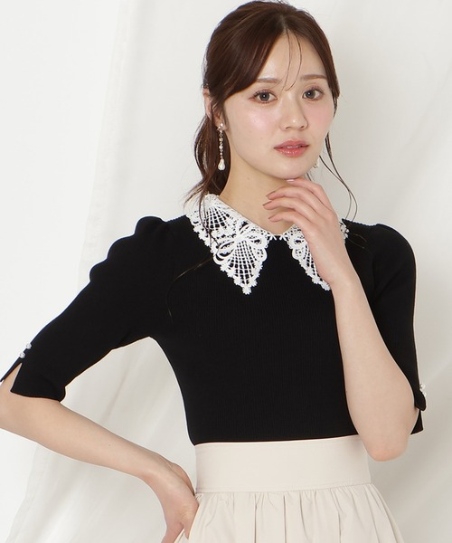 WILLSELECTION(ウィルセレクション)の「リボンレースカラーリブニット(ニット/セーター・レディース・ブラック/ネイビー/オフホワイト/ピンク/サックスブルー/ミント・FREE)」の2枚目の写真