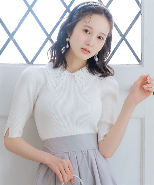 WILLSELECTION(ウィルセレクション)の「リボンレースカラーリブニット(ニット/セーター・レディース・ブラック/ネイビー/オフホワイト/ピンク/サックスブルー/ミント・FREE)」の10枚目の写真
