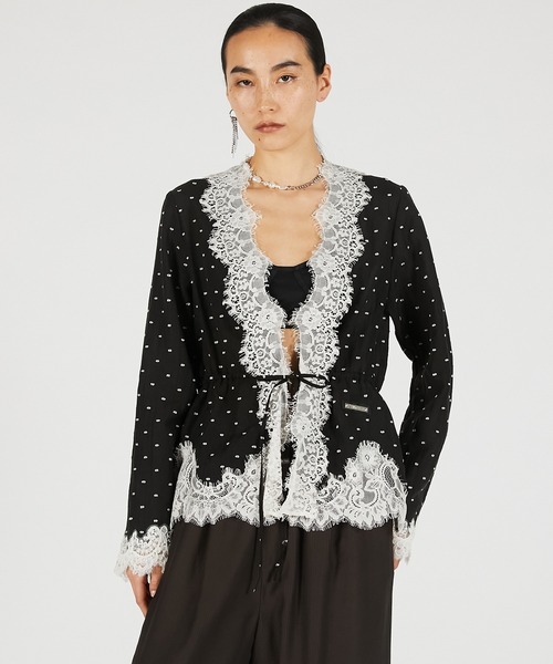 PRANK PROJECT(プランクプロジェクト)の「【Pre-Order】ドットジャガードレースカーディガン / Dot Jacquard Lace Cardigan(カーディガン/ボレロ・レディース・ホワイト/ブラック/マルチ・FREE)」の5枚目の写真