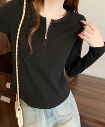 ハーフジップトップス / クルーネック ジップデザインカットソー