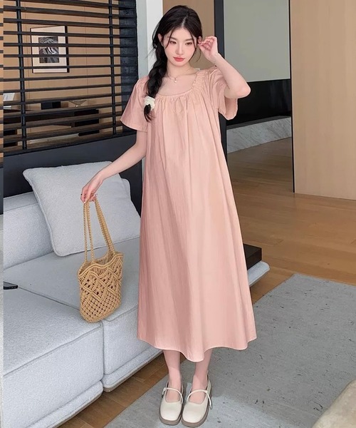 shopnikoniko(ショップニコニコ)の「ワンピース 夏 ミディ丈 半袖 ギャザースクエアネック ワンピース(ワンピース・レディース・ホワイト/ピンク・フリー)」の7枚目の写真