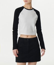 ウィメンズスリムクロップラグラン長袖Tシャツ[ホワイト/ブラック]