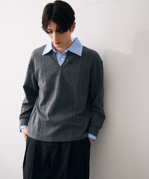 Shoowtime(ショウタイム)の「Faux layered knit shirt / フェイクレイヤードニットシャツ(シャツ/ブラウス・メンズ・クリーム/グレー/ブラック・MEDIUM/LARGE/X-LARGE)」の1枚目の写真