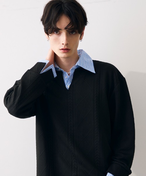 Shoowtime(ショウタイム)の「Faux layered knit shirt / フェイクレイヤードニットシャツ(シャツ/ブラウス・メンズ・クリーム/グレー/ブラック・MEDIUM/LARGE/X-LARGE)」の2枚目の写真