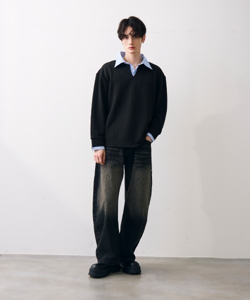 Shoowtime(ショウタイム)の「Faux layered knit shirt / フェイクレイヤードニットシャツ(シャツ/ブラウス・メンズ・クリーム/グレー/ブラック・MEDIUM/LARGE/X-LARGE)」の4枚目の写真