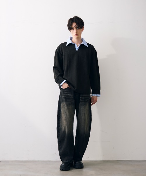 Shoowtime(ショウタイム)の「Faux layered knit shirt / フェイクレイヤードニットシャツ(シャツ/ブラウス・メンズ・クリーム/グレー/ブラック・MEDIUM/LARGE/X-LARGE)」の5枚目の写真