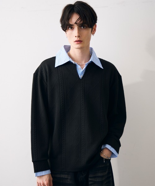 Shoowtime(ショウタイム)の「Faux layered knit shirt / フェイクレイヤードニットシャツ(シャツ/ブラウス・メンズ・クリーム/グレー/ブラック・MEDIUM/LARGE/X-LARGE)」の7枚目の写真