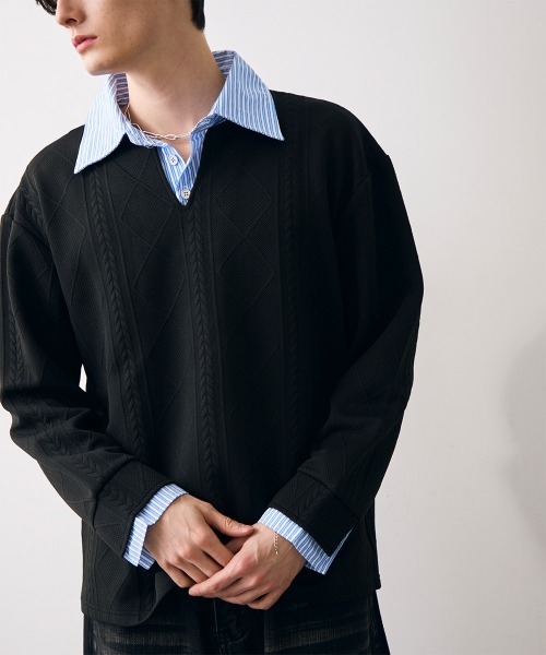 Shoowtime(ショウタイム)の「Faux layered knit shirt / フェイクレイヤードニットシャツ(シャツ/ブラウス・メンズ・クリーム/グレー/ブラック・MEDIUM/LARGE/X-LARGE)」の8枚目の写真
