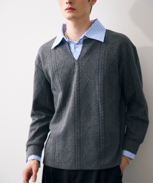 Shoowtime(ショウタイム)の「Faux layered knit shirt / フェイクレイヤードニットシャツ(シャツ/ブラウス・メンズ・クリーム/グレー/ブラック・MEDIUM/LARGE/X-LARGE)」の19枚目の写真