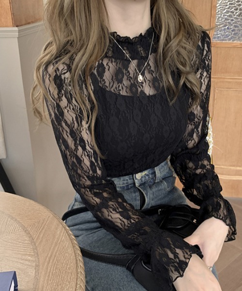 mielu(ミエル)の「ハイネックレーストップス(シャツ/ブラウス・レディース・ブラック/ホワイト・LARGE/MEDIUM)」の1枚目の写真