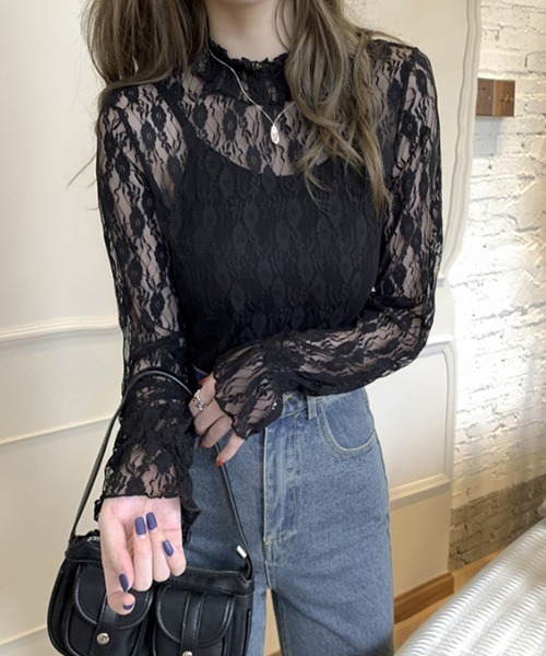 mielu(ミエル)の「ハイネックレーストップス(シャツ/ブラウス・レディース・ブラック/ホワイト・LARGE/MEDIUM)」の3枚目の写真